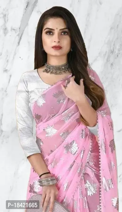 krishan Georgette Chiffon Silver Foil Printed Floral 3/4 Sleeves Simpal Silver Tample Border Saree with Blouse for Women (p.c-saree-pink)-thumb4