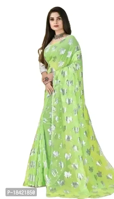 krishan Georgette Chiffon Silver Foil Printed Floral 3/4 Sleeves Simpal Silver Tample Border Saree with Blouse for Women (p.c-saree-green)