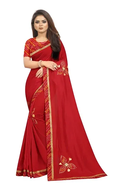 Women's Plain bandhani border silk saree for women gota patti chunri sari jaipuri bandhej With Unstitched Blouse Piece