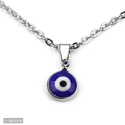 AJS Silver Leather Cord Glass Charm Evil Eye Pendant Necklace Blue Eyes Necklace for Women (Chain)-thumb0