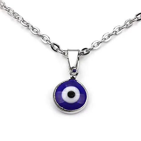 AJS Silver Leather Cord Glass Charm Evil Eye Pendant Necklace Blue Eyes Necklace for Women (Chain)