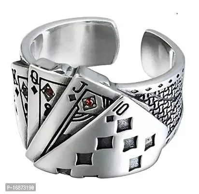 AJS Stainless Steel Ace King Queen Jack Playing Card Stylish Biker Adjustable Ring for Men Boys (Silver)-thumb0