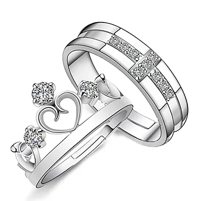 Mahi Valentine Gift Proposal Cross and Crown Couple Ring Set with Cubic Zirconia for Men Women (FRCO1103032RC)