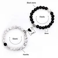 AJS Valentines Day Broken Heart Love Couples Promise 2 in 1 Duo Wrist Band Cuff Elastic Field Therapy 8mm Howlite Beads Stone Moti Bracelets (Black,Pack of 2)-thumb1