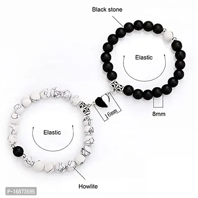 AJS Valentines Day Broken Heart Love Couples Promise 2 in 1 Duo Wrist Band Cuff Elastic Field Therapy 8mm Howlite Beads Stone Moti Bracelets (Black,Pack of 2)-thumb2