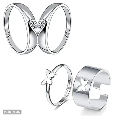 AJS Rhodium Plated CZ Jewellery Combo of 2 Brass Metal Love Heart and Fulttering Butterfly Couple Rings With White CZ Stones For Men and Women