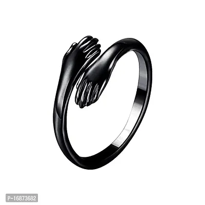AJS Trendy Couple Ring For Women Closed Hand Ring For Girls Women Hug Ring Adjustable Ring For Women Girls Couple Ring - Black-thumb0
