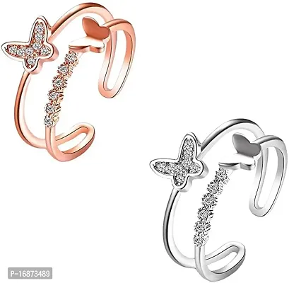 AJS Double ring Women Fashion Adjustable Butterfly Girl Silver/Rose Gold Rings (PACK OF 2)