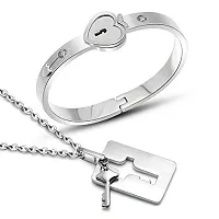 AJS Lock Bracelet  Key Necklace Couple Heart Bangle Pendant Lover Jewelry His  Hers Matching Set Romantic Gift for Valentines Day Birthday Christmas Wedding Anniversary (Pack of 2)-thumb3