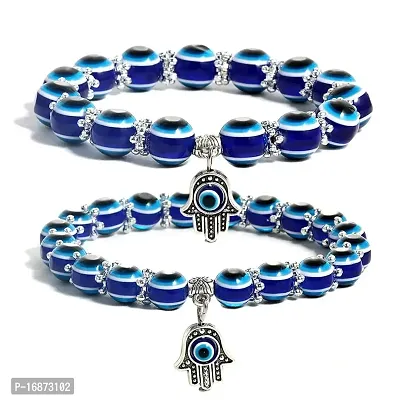 AJS Evil Eye Blue Beaded Hamsa Charm Stretch Bracelet Hand of Fatima Turkish Evil Eye Lucky Bracelet for Protection and Blessing