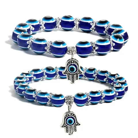 AJS Evil Eye Beaded Hamsa Charm Stretch Bracelet Hand of Fatima Turkish Evil Eye Lucky Bracelet for Protection and Blessing