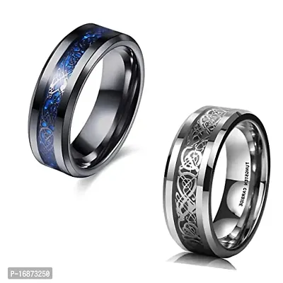 AJS Ring Men's Shine Rings Wedding Bands Ring for Men, Boy and women Grade 316 Stainless Steel Jewelry Gift Comfort Fit(2pcs_silver-B.Blue Dragon Ring_18)-thumb0