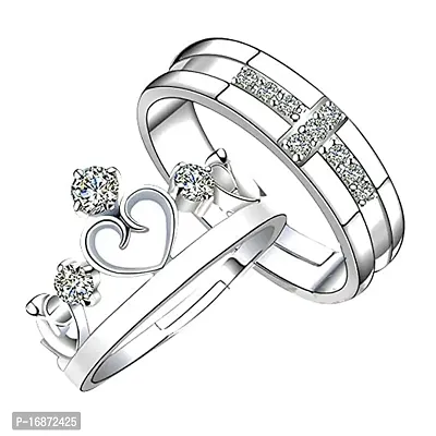 AJS Classy King Queen Heartbeat Lovers Couple Rings Wedding Engagement Rings Adjustable Love Bands for Couples-thumb0