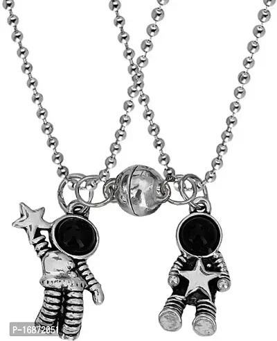 AJS I Love You 2 Pcs Magnetic Valentines Day Mutual Attraction Broken Heart Shape Romantic Love Couples Promise 2 In 1 Duo Round Ball Spaceman Astronaut Pendant Locket With Chain-thumb2