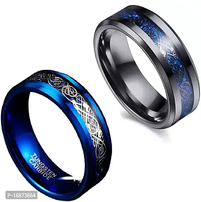 AJS Ring Men's Shine Rings Wedding Bands Ring for Men, Boy and women Grade 316 Stainless Steel Jewelry Gift Comfort Fit(2pcs_Blue-B.BLue Dragon Ring_18)