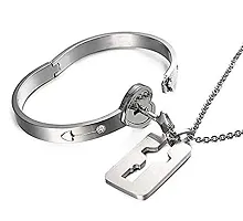 AJS Lock Bracelet  Key Necklace Couple Heart Bangle Pendant Lover Jewelry His  Hers Matching Set Romantic Gift for Valentines Day Birthday Christmas Wedding Anniversary (Pack of 2)-thumb4