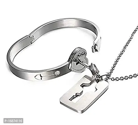 AJS Lock Bracelet  Key Necklace Couple Heart Bangle Pendant Lover Jewelry His  Hers Matching Set Romantic Gift for Valentines Day Birthday Christmas Wedding Anniversary (Pack of 2)-thumb5