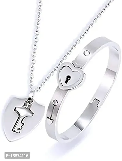 AJS Lock Bracelet  Key Necklace Couple Heart Bangle Pendant Lover Jewelry His  Hers Matching Set Romantic Gift for Valentines Day Birthday Christmas Wedding Anniversary (Pack of 2)-thumb0