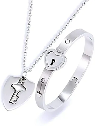 BELICIA Lock Bracelet & Key Necklace Couple Heart Bangle Pendant Titanium Lover Jewelry His& Hers Matching Set Romantic Gift for Valentines Day Birthday Christmas Wedding Anniversary