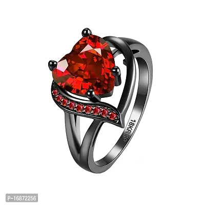 AJS Rings for Women and Girls | Fashion Finger Ring | Red Crystal Stone Studded Rings | Black Gun Plated Ring | Heart Shaped Ring for Women | Accessories Jewellery for Women