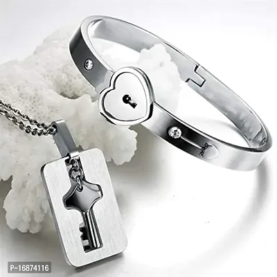 AJS Lock Bracelet  Key Necklace Couple Heart Bangle Pendant Lover Jewelry His  Hers Matching Set Romantic Gift for Valentines Day Birthday Christmas Wedding Anniversary (Pack of 2)-thumb2