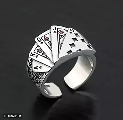 AJS Stainless Steel Ace King Queen Jack Playing Card Stylish Biker Adjustable Ring for Men Boys (Silver)-thumb5