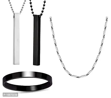 AJS Men's Stainless Steel Jewellery Set Combo Pack of 2 Cuboid Vertical Bar Pendant With 1 Rhodium Plated Rice Shape Link Neck Chain And 1 Black Finish Full Kada Bracelet For Boys and Men