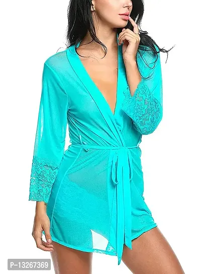 CELOSIA Net Robe and Lace Panty Set Women Nightwear Turquoise Blue