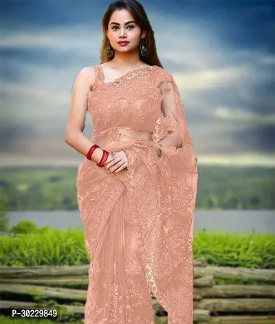 Elegant Beige Net Saree with Blouse piece For Women-thumb0