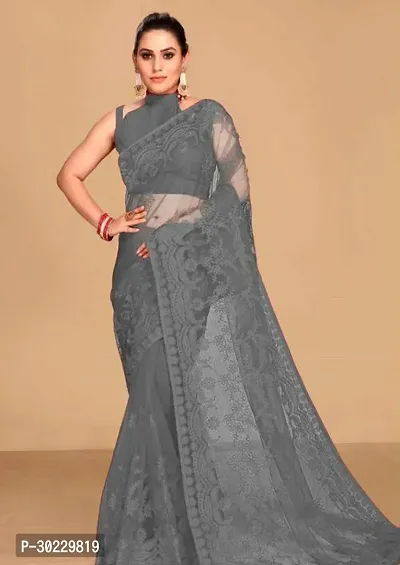 Elegant Grey Net Saree with Blouse piece For Women-thumb0