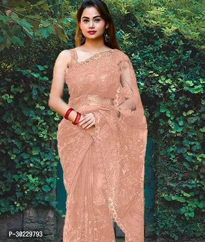 Elegant Peach Net Saree with Blouse piece For Women