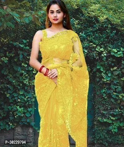 Elegant Yellow Net Saree with Blouse piece For Women