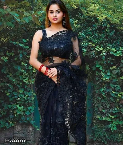 Elegant Black Net Saree with Blouse piece For Women-thumb0