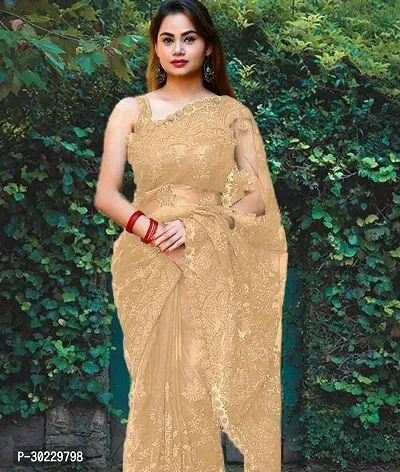 Elegant Beige Net Saree with Blouse piece For Women