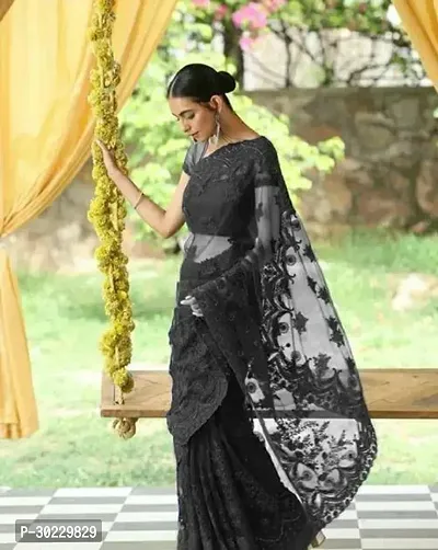 Elegant Black Net Saree with Blouse piece For Women-thumb0