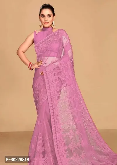 Elegant Pink Net Saree with Blouse piece For Women