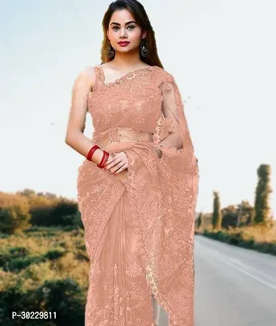 Elegant Peach Net Saree with Blouse piece For Women