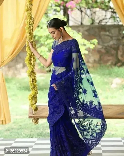 Elegant Blue Net Saree with Blouse piece For Women-thumb0