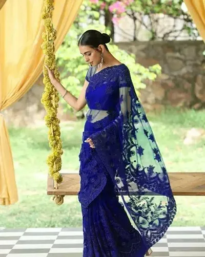 Partywear Net Embroidered Sarees with Blouse Piece