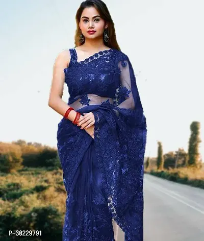 Elegant Blue Net Saree with Blouse piece For Women