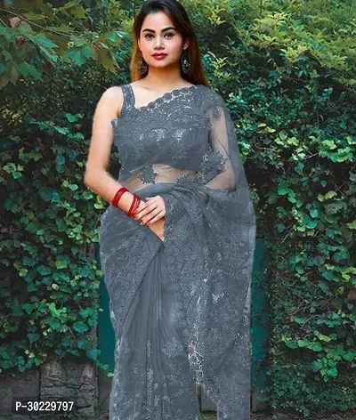 Elegant Grey Net Saree with Blouse piece For Women