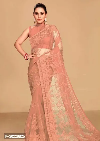 Elegant Peach Net Saree with Blouse piece For Women