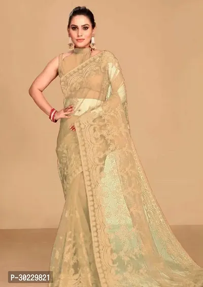 Elegant Beige Net Saree with Blouse piece For Women