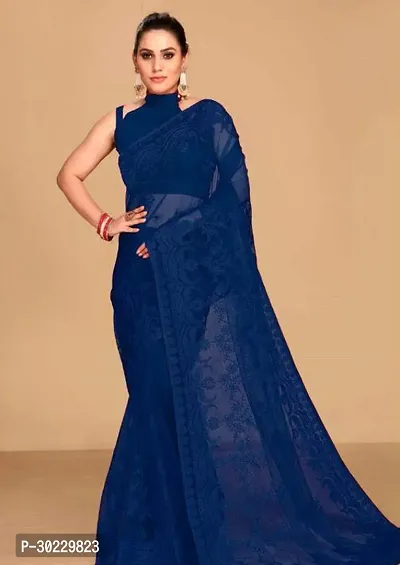 Elegant Blue Net Saree with Blouse piece For Women