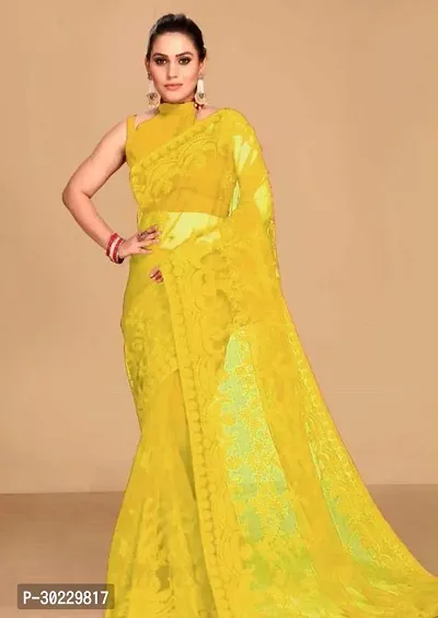 Elegant Yellow Net Saree with Blouse piece For Women