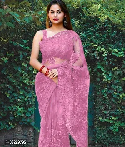 Elegant Pink Net Saree with Blouse piece For Women