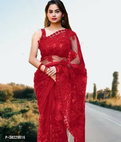 Elegant Red Net Saree with Blouse piece For Women-thumb0