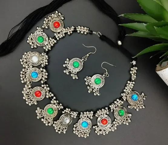 Oxidized Silver Traditional Necklace With Earrings