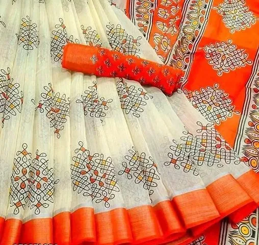 Cotton Printed Zari Border Sarees with Blouse piece