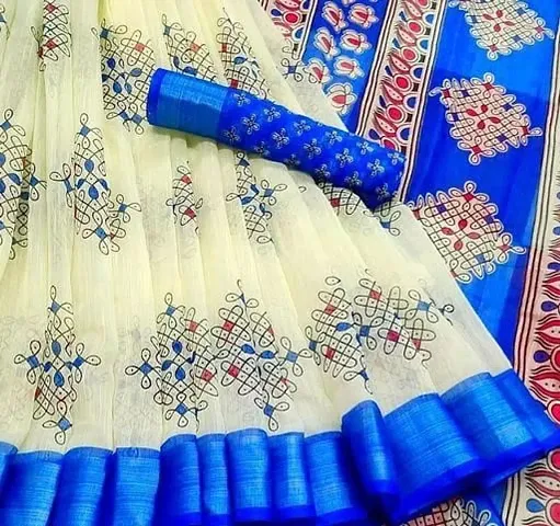 Beautiful Cotton Blend Beige Printed Sarees